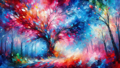 Vibrant abstract painting of tree with colorful leaves in shades of blue, pink, and red, creating a lively and dynamic visual impression