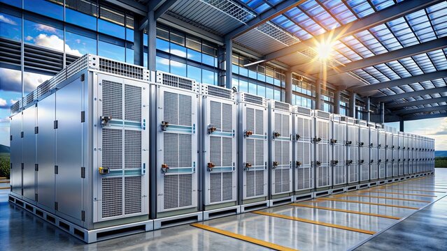 Battery storage array at power plant, renewable energy, electricity, technology, sustainability