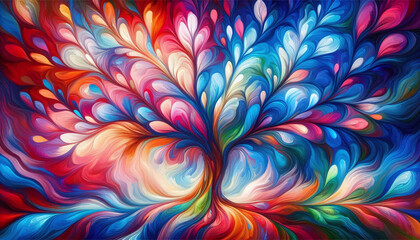 Vibrant abstract painting of tree with colorful leaves in shades of blue, pink, and red, creating a lively and dynamic visual impression