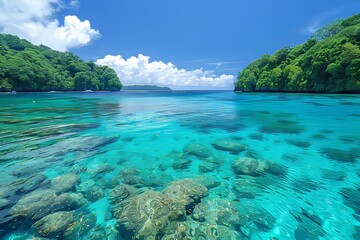 Tranquil Lagoon Surrounded by Lush Green Islands on a Sunny Day
