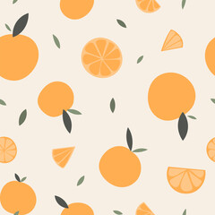 Seamless pattern with oranges and their leaves. Simple minimalistic wallpaper with nature element.