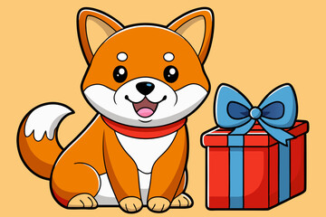 Christmas dog and gift box vector illustration 