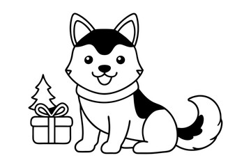 Christmas dog and gift box vector illustration 