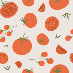 Red tomato seamless pattern. Red ripe tomatoes with green stem.