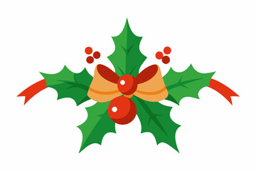 Christmas decoration with holly and ribbons vector illustration 