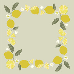 Frame with lemons and leaves, petals. Hand drawn vector elegant citrus fruit design.