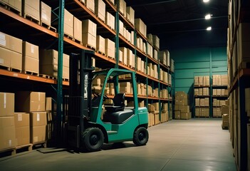 A side view of forklift in a large warehouse. The warehouse is filled with stacked cardboard boxes on industrial shelving, indicating a busy storage facility.