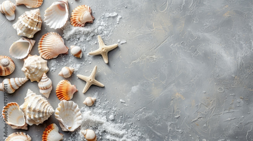 Poster sea shells on gray background summer theme with shells flat lay and copy space