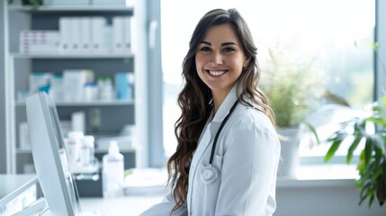 This image shows a female doctor wearing a lab coat and stethoscope, smiling while seated at her desk in a well-lit, welcoming medical office, exuding warmth and professionalism.