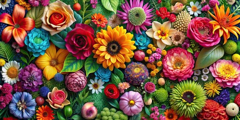 A vibrant collage of floral and botanical elements creating a colorful and intricate pattern, florals, botanical, collage