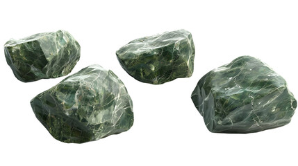 Pack of rough green stones in various shapes and sizes for geology and decoration Isolated on transparent background