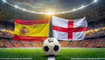Naklejka premium Spain flag England flag with football in a stadium for the European Championship