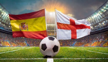 Fototapeta premium Spain flag England flag with football in a stadium for the European Championship
