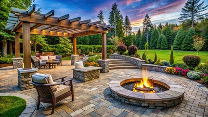 A beautifully designed backyard hardscape featuring stone patio, fire pit, and pergola, backyard, hardscape, stone