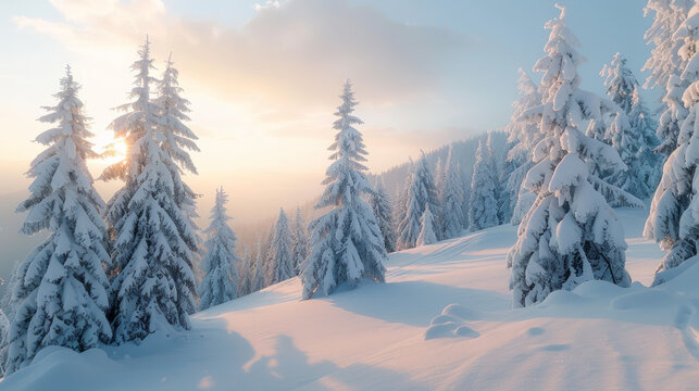 Snow-covered trees stand tall in the Alps, creating a breathtaking winter wonderland.