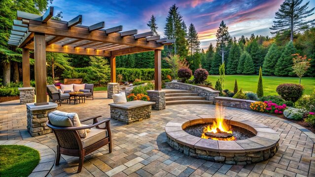A beautifully designed backyard hardscape featuring stone patio, fire pit, and pergola, backyard, hardscape, stone
