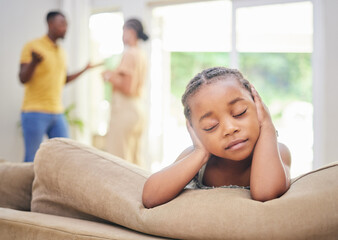 Home, parents and fighting with girl on sofa, hands and noise blocking or autism child for...