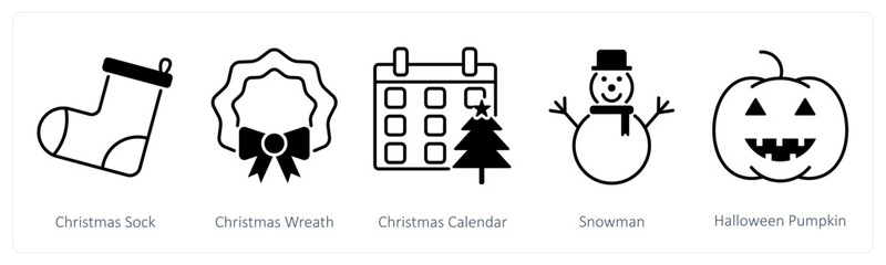 A set of 5 Party and Celebration icons as christmas sock, christmas wreath, christmas calendar