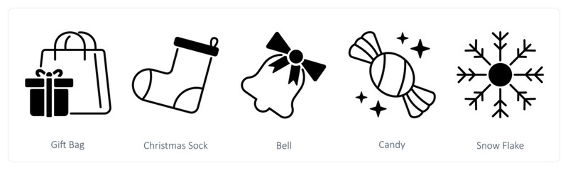 A set of 5 Party and Celebration icons as gift bag, christmas sock, bell