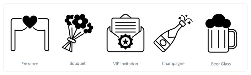 A set of 5 Party and Celebration icons as entrance, bouquet, vip invitation