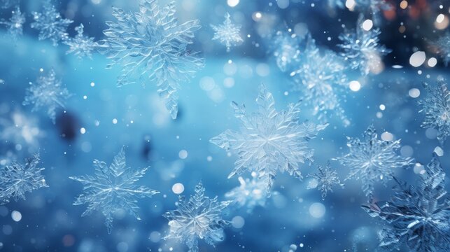 Assorted snowflakes on light backdrop, center void, ideal for winter themed design projects