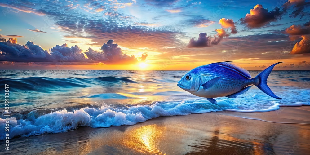 Canvas Prints Blue fish swimming in the ocean during a beautiful sunset on the beach, Blue, fish, ocean, sunset, beach, vibrant