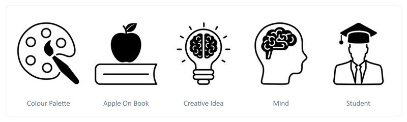 A set of 5 School and Education icons as color palette, apple on book, creative idea