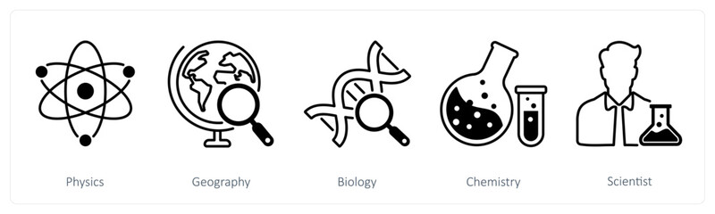 A set of 5 School and Education icons as physics, geography, biology