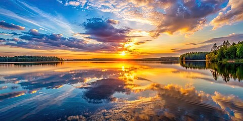 Beautiful sunset reflecting on calm lake water , sunset, lake, reflection, sun, water, nature, serene, peaceful, evening, orange