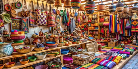 A diverse array of unique, handmade, and artisanal products in a vibrant shopping market , artisanal, handmade, unique