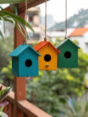 Vibrant birdhouses hanging in lush garden with blue, yellow, green colors, blurred background of greenery and residential hint.