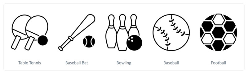 A set of 5 Sports and Fitness icons as table tennis, baseball bat, bowling