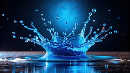 Blue liquid splashing on laboratory table creating dramatic spray and droplets, science, exploration, laboratory, experiment
