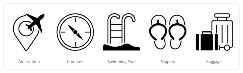 A set of 5 Summer and Travel icons as air location, compass, swimming pool