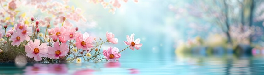 Pink Cosmos Flowers Floating on Water with Blurred Background.