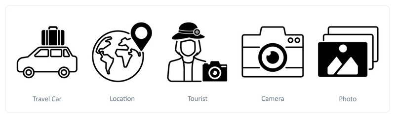 A set of 5 Summer and Travel icons as travel car, location, tourist
