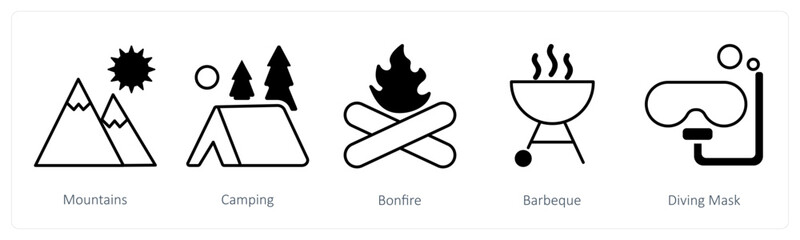 A set of 5 Summer and Travel icons as mountains, camping, bonfire