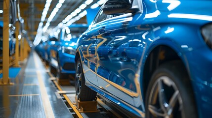 Mass production assembly line of modern cars in a busy factory