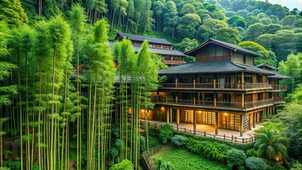 Fototapeta premium Bamboo Forest Hotel surrounded by lush greenery and tranquility, bamboo, forest, hotel, eco-friendly, sustainable, exotic