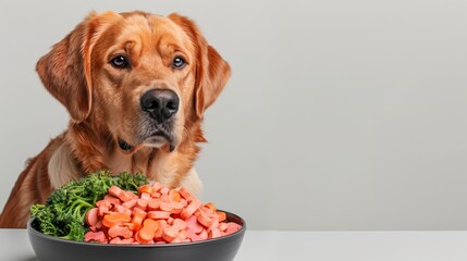 A golden retriever dog sits at a table, staring intently at a bowl of dog food and green vegetables.  The dog is patiently waiting to be fed. - Powered by Adobe