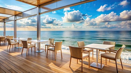 Cafe on the beach with a view to the ocean, beach, cafe, seaside, ocean, horizon, view, dining, relaxation