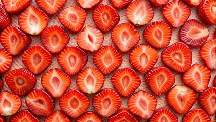 Fototapeta premium Background of fresh strawberry slices forming a pattern, strawberry, slices, fruit, background, pattern, red, juicy, vibrant