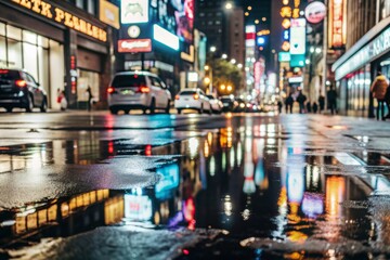Fototapeta premium rainy night street scene with reflections of colorful neon lights on the wet pavement