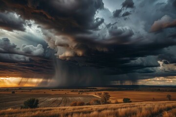 Fototapeta premium stormy sky with dark clouds and heavy rain pouring down over a landscape