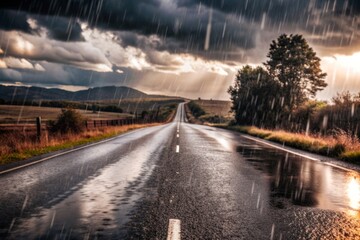  road disappearing into the distance under a steady rainfall.