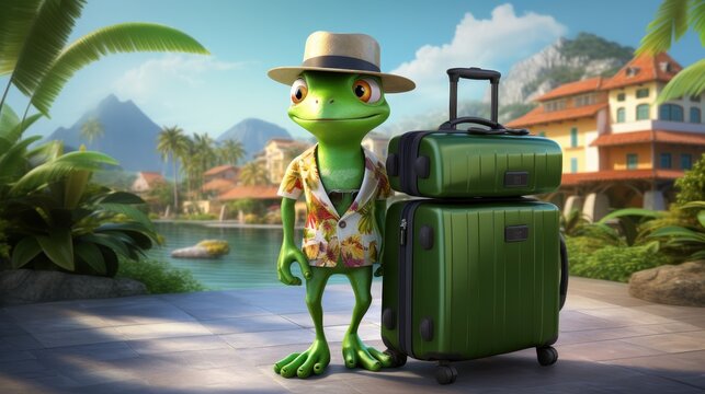 Summer vacation promotion with a lively green frog mascot for engaging campaigns