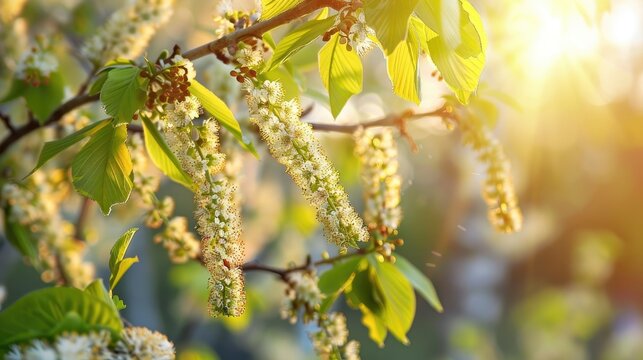 Birch tree blooms with pollen in spring for a pollen allergy season pharma banner
