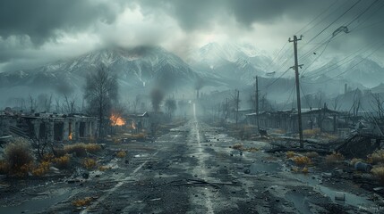 residential street lined with burning buildings amidst thick smoke