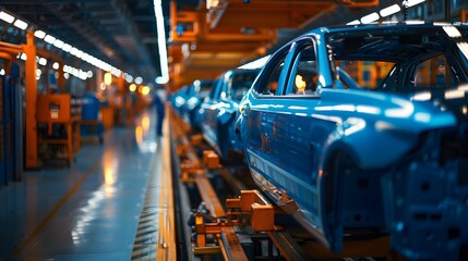 Fototapeta premium Mass production assembly line of modern cars in a busy factory