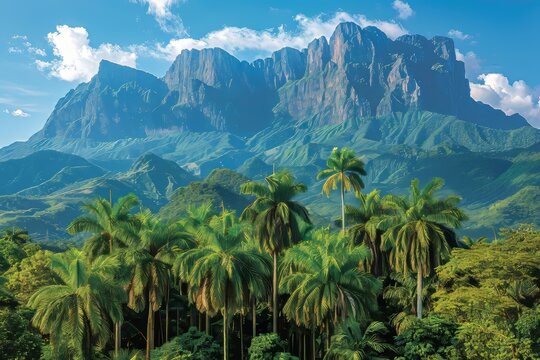 Majestic Mount Roraima Rising Above Lush Palm Trees in Venezuela